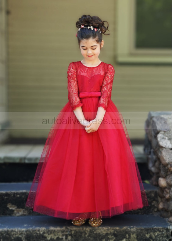 Red Lace Tulle Ankle Length Simple Flower Girl Dress